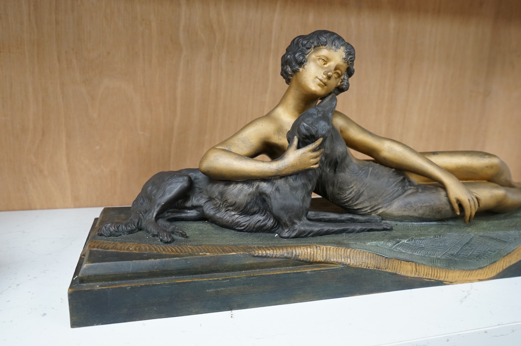 An Art Deco painted spelter group ‘Friends’ by L.Bruns, 54cm wide, 22cm high
